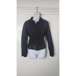 Zara Shirt Womens Medium Black Crochet Lace Trim Long Sleeve Button Boho Top